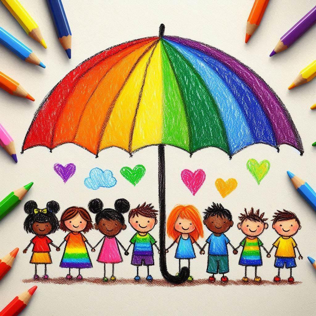 Crayon drawing depicting diverse children under a rainbow-colored umbrella.